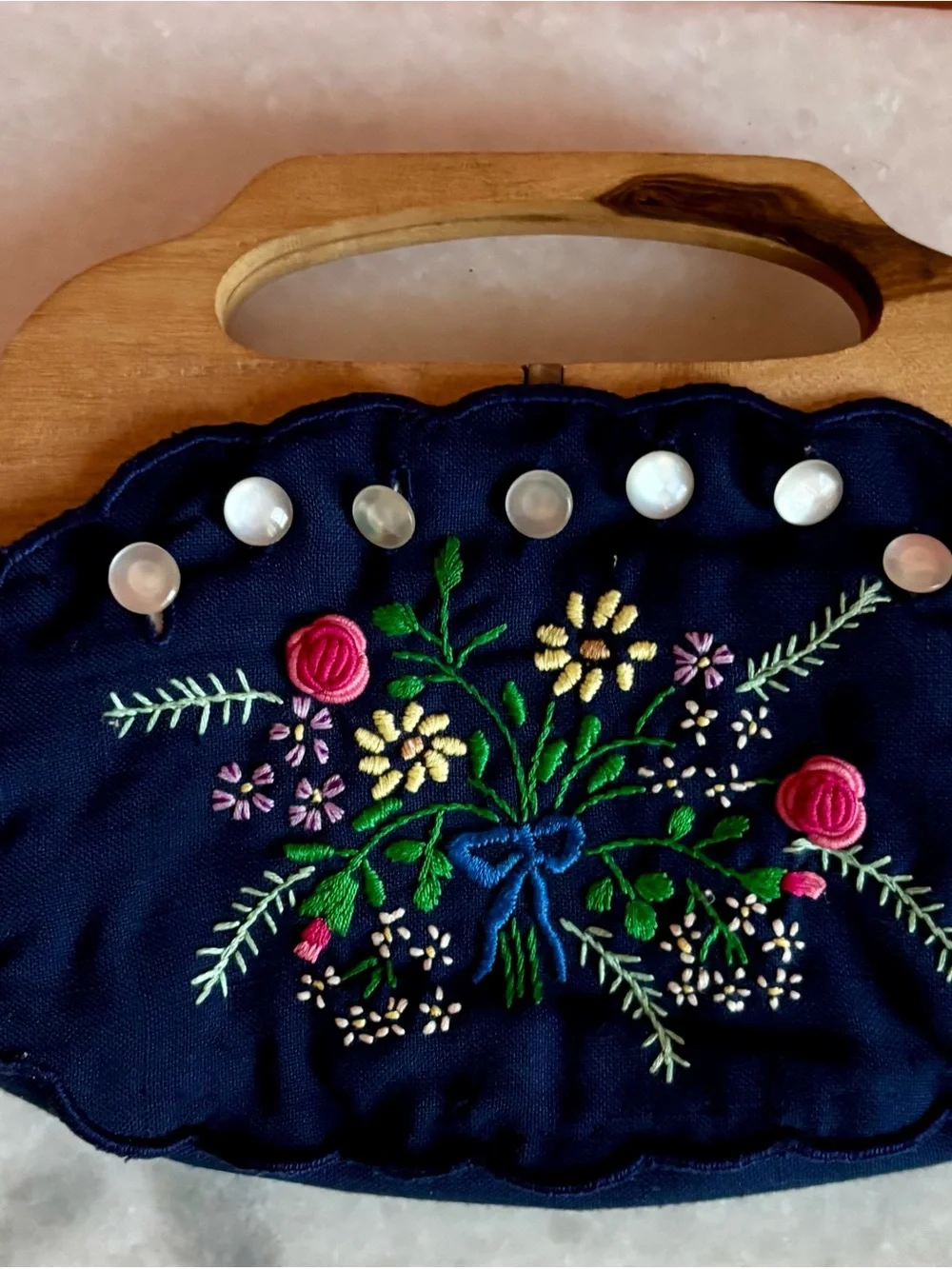 Vintage Navy Embroidered Bermuda Bag Wood Handle Mother of Pearl Buttons